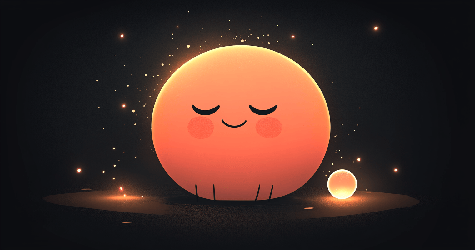 Aria, a round coral character with closed eyes and a gentle smile, waiting peacefully